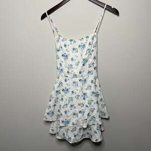 Windsor White and Blue Floral Tiered Mini Dress with Back Bow Large